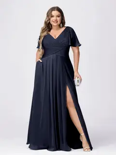 A Line/Princess V-Neck Short Sleeves Plus Size Bridesmaid Dresses with Split Side — view 54