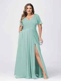 A Line/Princess V-Neck Short Sleeves Plus Size Bridesmaid Dresses with Split Side — view 55