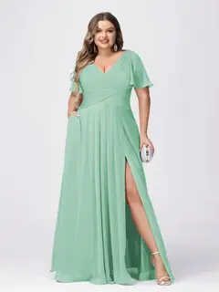 A Line/Princess V-Neck Short Sleeves Plus Size Bridesmaid Dresses with Split Side — view 56