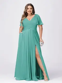 A Line/Princess V-Neck Short Sleeves Plus Size Bridesmaid Dresses with Split Side — view 57