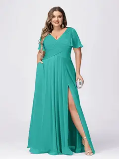 A Line/Princess V-Neck Short Sleeves Plus Size Bridesmaid Dresses with Split Side — view 58