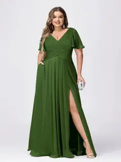 A Line/Princess V-Neck Short Sleeves Plus Size Bridesmaid Dresses with Split Side — view 60