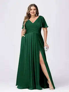 A Line/Princess V-Neck Short Sleeves Plus Size Bridesmaid Dresses with Split Side — view 62