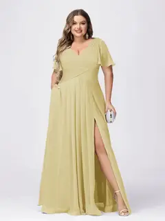 A Line/Princess V-Neck Short Sleeves Plus Size Bridesmaid Dresses with Split Side — view 63