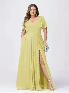 A Line/Princess V-Neck Short Sleeves Plus Size Bridesmaid Dresses with Split Side — view 64