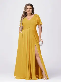 A Line/Princess V-Neck Short Sleeves Plus Size Bridesmaid Dresses with Split Side — view 65