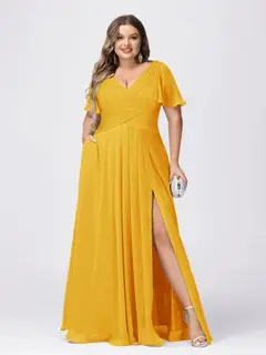 A Line/Princess V-Neck Short Sleeves Plus Size Bridesmaid Dresses with Split Side — view 66