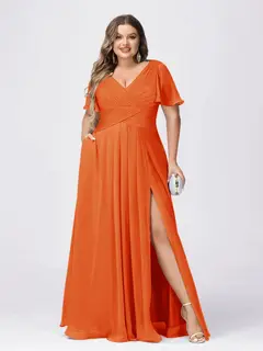 A Line/Princess V-Neck Short Sleeves Plus Size Bridesmaid Dresses with Split Side — view 67