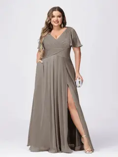 A Line/Princess V-Neck Short Sleeves Plus Size Bridesmaid Dresses with Split Side — view 68