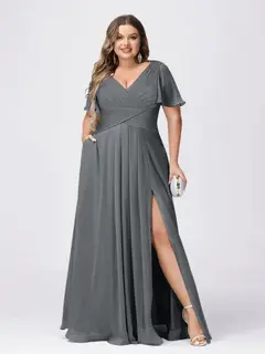 A Line/Princess V-Neck Short Sleeves Plus Size Bridesmaid Dresses with Split Side — view 69