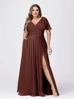A Line/Princess V-Neck Short Sleeves Plus Size Bridesmaid Dresses with Split Side — view 70