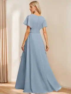 A-Line/Princess V Neck Flutter Sleeve Floor Length Bridesmaid Dresses with Pockets with Slit Ruffles — view 2