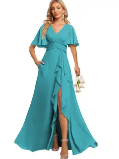 A-Line/Princess V Neck Flutter Sleeve Floor Length Bridesmaid Dresses with Pockets with Slit Ruffles — view 3