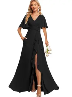 A-Line/Princess V Neck Flutter Sleeve Floor Length Bridesmaid Dresses with Pockets with Slit Ruffles — view 4
