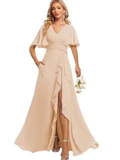 A-Line/Princess V Neck Flutter Sleeve Floor Length Bridesmaid Dresses with Pockets with Slit Ruffles — view 5
