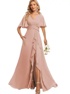 A-Line/Princess V Neck Flutter Sleeve Floor Length Bridesmaid Dresses with Pockets with Slit Ruffles — view 6