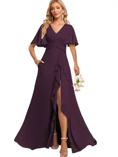 A-Line/Princess V Neck Flutter Sleeve Floor Length Bridesmaid Dresses with Pockets with Slit Ruffles — view 7