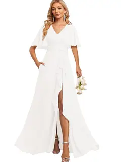 A-Line/Princess V Neck Flutter Sleeve Floor Length Bridesmaid Dresses with Pockets with Slit Ruffles — view 8