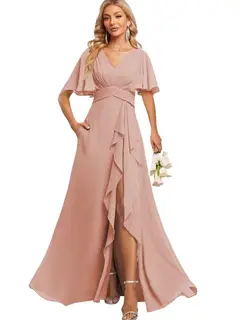 A-Line/Princess V Neck Flutter Sleeve Floor Length Bridesmaid Dresses with Pockets with Slit Ruffles — view 9