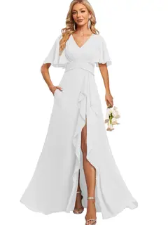 A-Line/Princess V Neck Flutter Sleeve Floor Length Bridesmaid Dresses with Pockets with Slit Ruffles — view 11