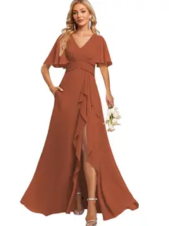 A-Line/Princess V Neck Flutter Sleeve Floor Length Bridesmaid Dresses with Pockets with Slit Ruffles — view 12