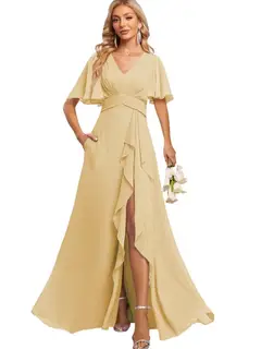 A-Line/Princess V Neck Flutter Sleeve Floor Length Bridesmaid Dresses with Pockets with Slit Ruffles — view 13