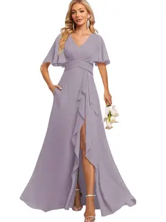 A-Line/Princess V Neck Flutter Sleeve Floor Length Bridesmaid Dresses with Pockets with Slit Ruffles — view 14
