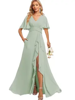 A-Line/Princess V Neck Flutter Sleeve Floor Length Bridesmaid Dresses with Pockets with Slit Ruffles — view 15