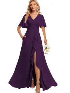 A-Line/Princess V Neck Flutter Sleeve Floor Length Bridesmaid Dresses with Pockets with Slit Ruffles — view 16
