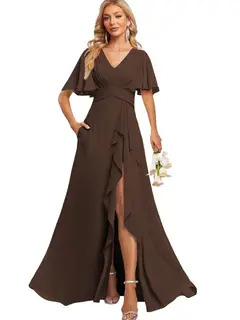A-Line/Princess V Neck Flutter Sleeve Floor Length Bridesmaid Dresses with Pockets with Slit Ruffles — view 17