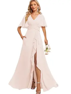 A-Line/Princess V Neck Flutter Sleeve Floor Length Bridesmaid Dresses with Pockets with Slit Ruffles — view 18