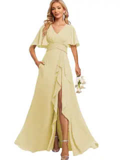 A-Line/Princess V Neck Flutter Sleeve Floor Length Bridesmaid Dresses with Pockets with Slit Ruffles — view 19