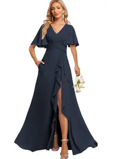 A-Line/Princess V Neck Flutter Sleeve Floor Length Bridesmaid Dresses with Pockets with Slit Ruffles — view 20