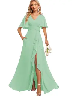A-Line/Princess V Neck Flutter Sleeve Floor Length Bridesmaid Dresses with Pockets with Slit Ruffles — view 21