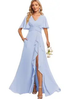 A-Line/Princess V Neck Flutter Sleeve Floor Length Bridesmaid Dresses with Pockets with Slit Ruffles — view 22