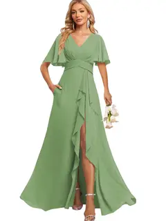 A-Line/Princess V Neck Flutter Sleeve Floor Length Bridesmaid Dresses with Pockets with Slit Ruffles — view 23