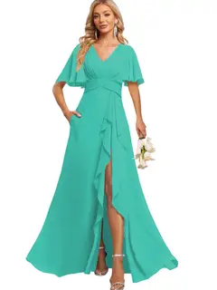 A-Line/Princess V Neck Flutter Sleeve Floor Length Bridesmaid Dresses with Pockets with Slit Ruffles — view 24
