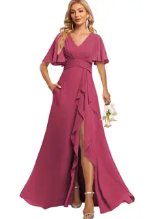 A-Line/Princess V Neck Flutter Sleeve Floor Length Bridesmaid Dresses with Pockets with Slit Ruffles — view 25