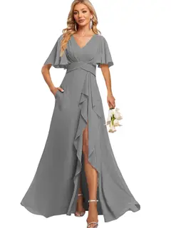 A-Line/Princess V Neck Flutter Sleeve Floor Length Bridesmaid Dresses with Pockets with Slit Ruffles — view 26
