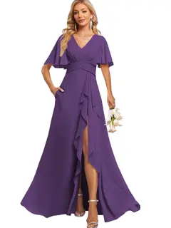 A-Line/Princess V Neck Flutter Sleeve Floor Length Bridesmaid Dresses with Pockets with Slit Ruffles — view 28