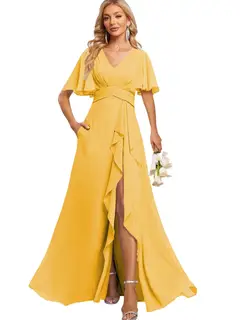 A-Line/Princess V Neck Flutter Sleeve Floor Length Bridesmaid Dresses with Pockets with Slit Ruffles — view 31