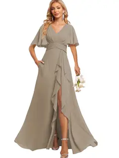 A-Line/Princess V Neck Flutter Sleeve Floor Length Bridesmaid Dresses with Pockets with Slit Ruffles — view 33