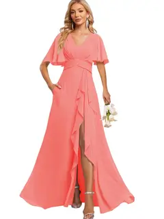 A-Line/Princess V Neck Flutter Sleeve Floor Length Bridesmaid Dresses with Pockets with Slit Ruffles — view 34