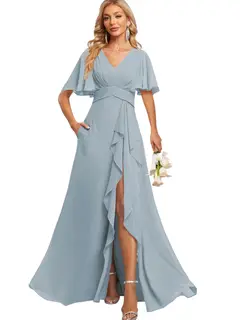 A-Line/Princess V Neck Flutter Sleeve Floor Length Bridesmaid Dresses with Pockets with Slit Ruffles — view 35