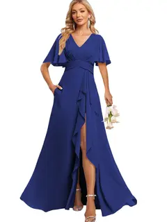 A-Line/Princess V Neck Flutter Sleeve Floor Length Bridesmaid Dresses with Pockets with Slit Ruffles — view 36