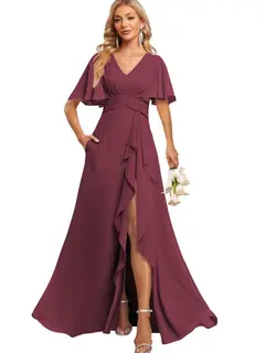 A-Line/Princess V Neck Flutter Sleeve Floor Length Bridesmaid Dresses with Pockets with Slit Ruffles — view 37