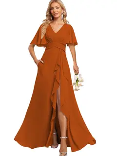 A-Line/Princess V Neck Flutter Sleeve Floor Length Bridesmaid Dresses with Pockets with Slit Ruffles — view 38