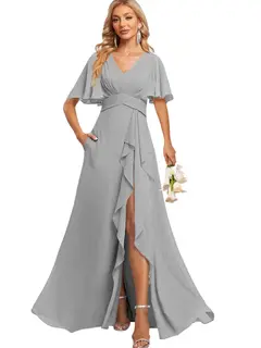 A-Line/Princess V Neck Flutter Sleeve Floor Length Bridesmaid Dresses with Pockets with Slit Ruffles — view 39