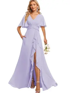 A-Line/Princess V Neck Flutter Sleeve Floor Length Bridesmaid Dresses with Pockets with Slit Ruffles — view 40