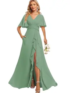 A-Line/Princess V Neck Flutter Sleeve Floor Length Bridesmaid Dresses with Pockets with Slit Ruffles — view 41